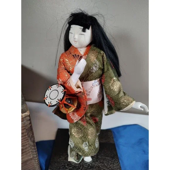 Vintage Japanese Geisha Doll w Kimono and Drum w/ Wood Base